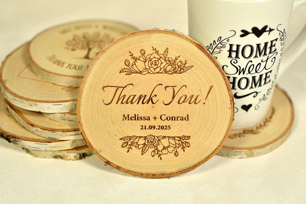 różne wzory na różne okazje podkładek pod kubek z Twoim tekstem, wykonane w plastrów brzozy