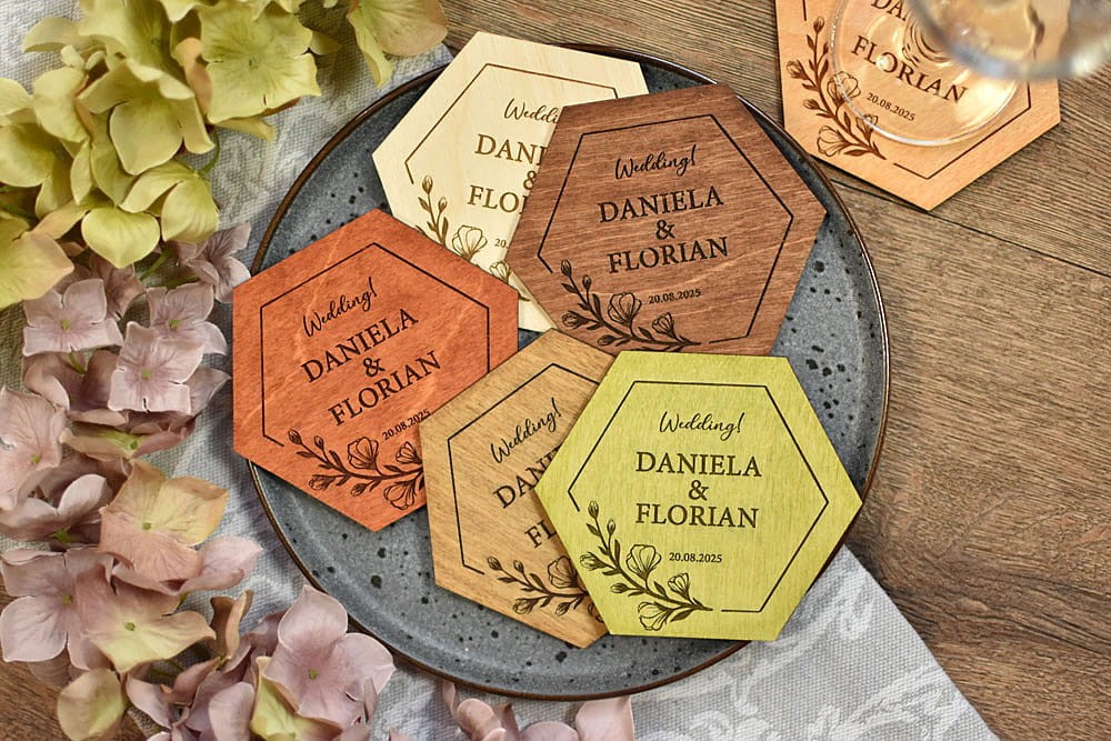 upominki weselne dla gości, podstawki pod kubek w kształcie heksagonu