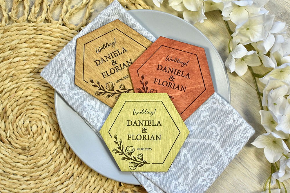 upominki weselne dla gości, podstawki pod kubek w kształcie heksagonu