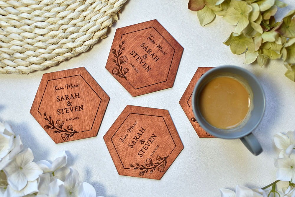 upominki weselne dla gości, podstawki pod kubek w kształcie heksagonu