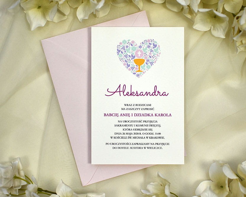 Wzór nowoczesnego zaproszenia na Pierwszą Komunię Świętą lub Chrzest z kopertą.