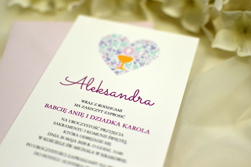 Minimalistyczne zaproszenie na Pierwszą Komunię Świętą lub Chrzest z sercem i kielichem.