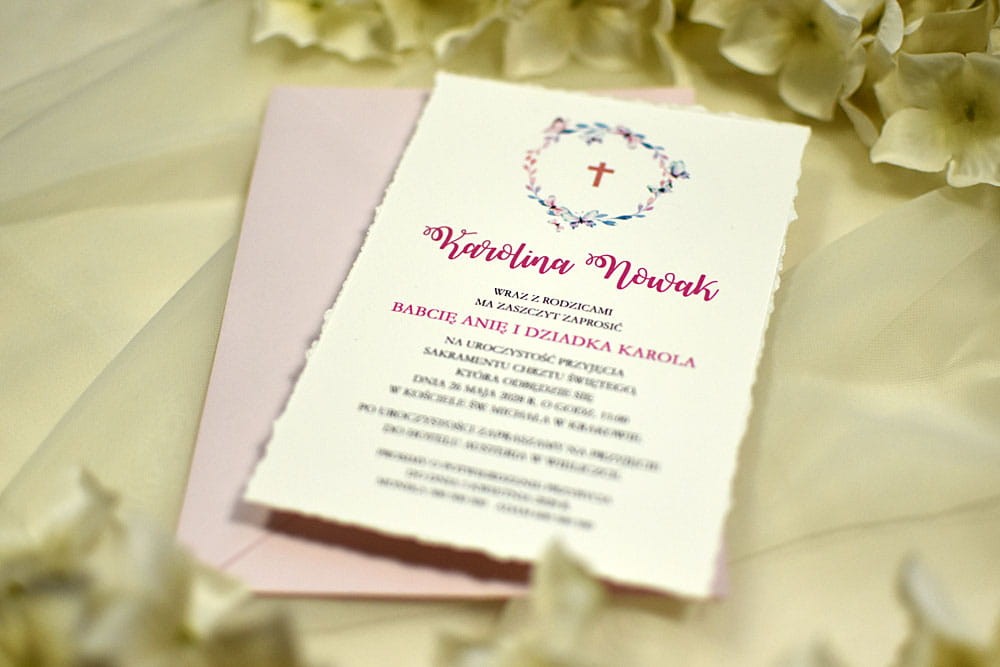 Boho zaproszenie na Chrzest lub Komunię  z wiankiem dla dziewczynki.