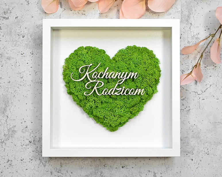 obraz  z napisem Kochanym Rodzicom weselny upominek dla Rodziców, serce z zielonego mchu