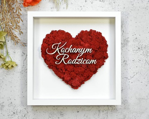 napis Kochanym Rodzicom, pamiątka ślubna, obraz czerwone serce z mchu, biała ramka