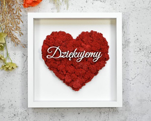 ślubne podziękowania dla Rodziców napis Dziękujemy, czerwone serce mech w białej ramce