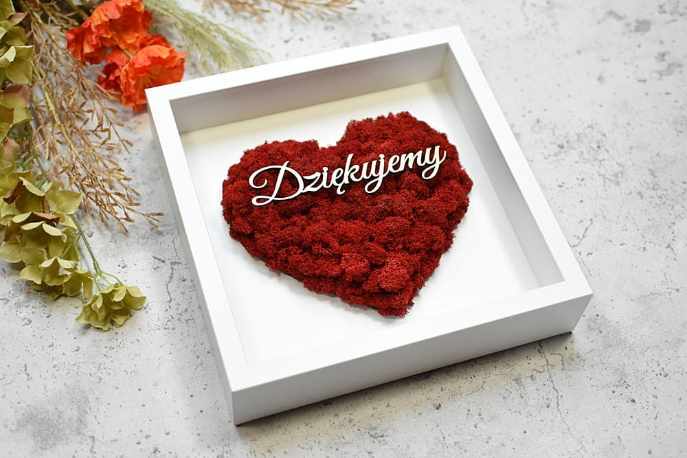 ślubne podziękowania dla Rodziców napis Dziękujemy, czerwone serce mech w białej ramce