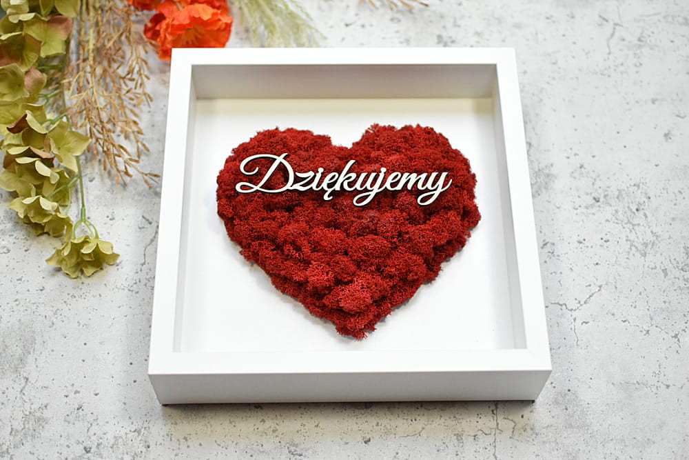 ślubne podziękowania dla Rodziców napis Dziękujemy, czerwone serce mech w białej ramce