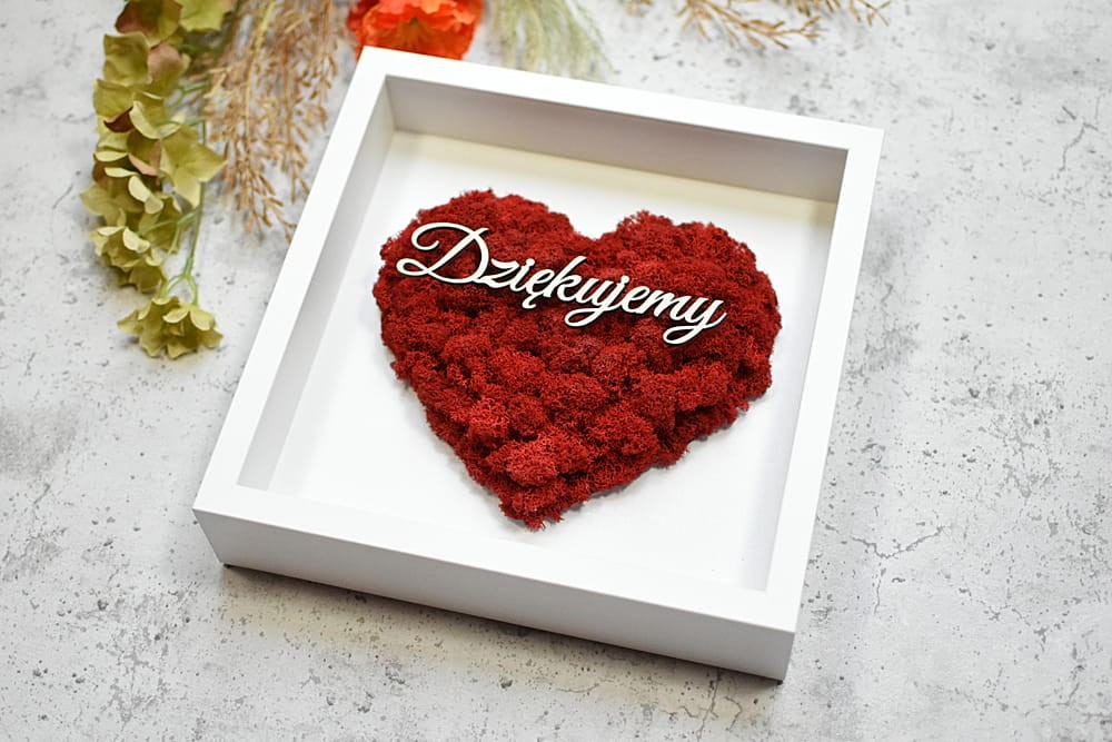 ślubne podziękowania dla Rodziców napis Dziękujemy, czerwone serce mech w białej ramce