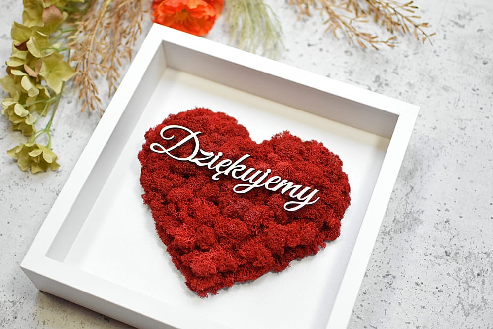 ślubne podziękowania dla Rodziców napis Dziękujemy, czerwone serce mech w białej ramce