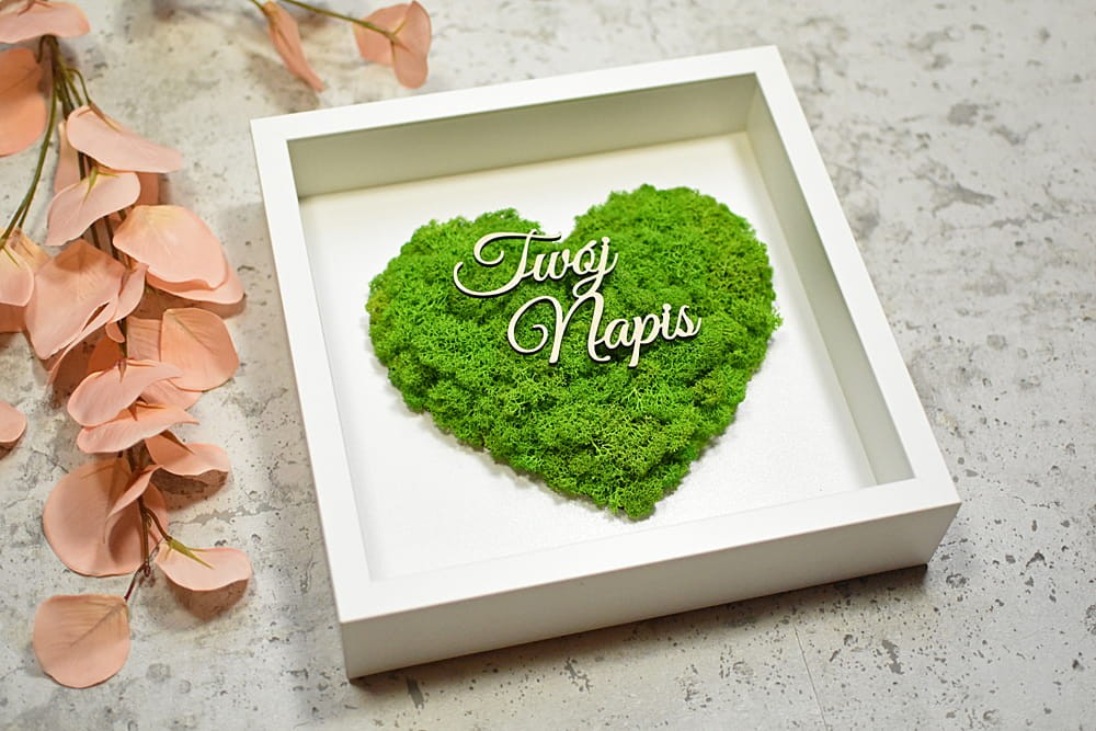 weselne podziękowania dla Rodziców, zielone serce mech, biała ramka