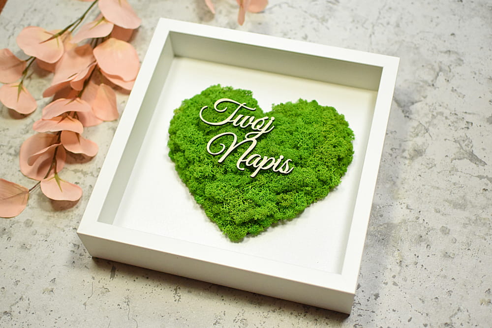 weselne podziękowania dla Rodziców, zielone serce mech, biała ramka