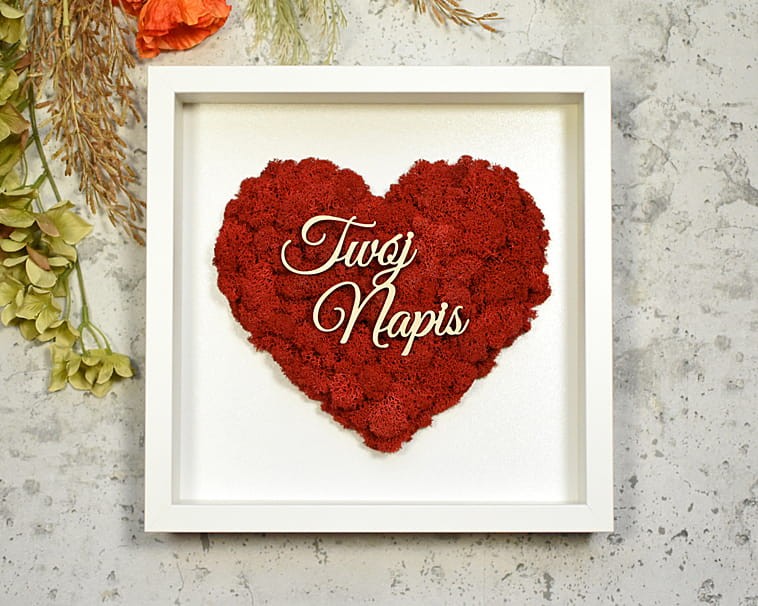 prezent dla Rodziców z Twoim napisem, czerwone serce mech w białej ramce