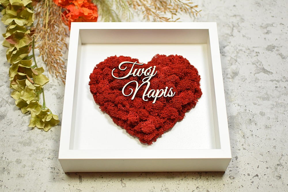 prezent dla Rodziców z Twoim napisem, czerwone serce mech w białej ramce