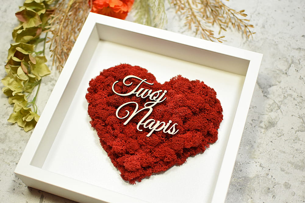 prezent dla Rodziców z Twoim napisem, czerwone serce mech w białej ramce