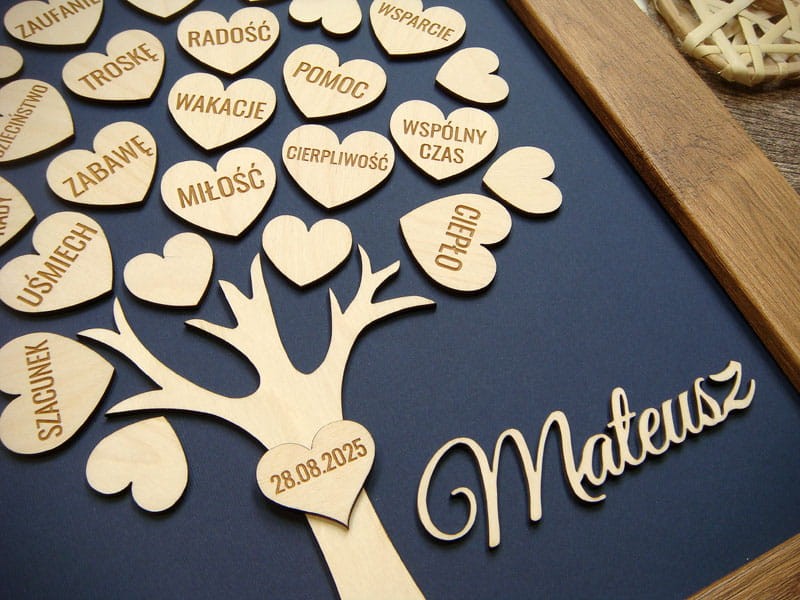 podziękowanie weselne dla Rodziców, Mamy, Taty, drzewko w ramce, serca z napisami