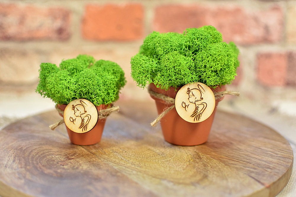 Dekoracja z mchu w doniczce i z tabliczką z aniołkiem.