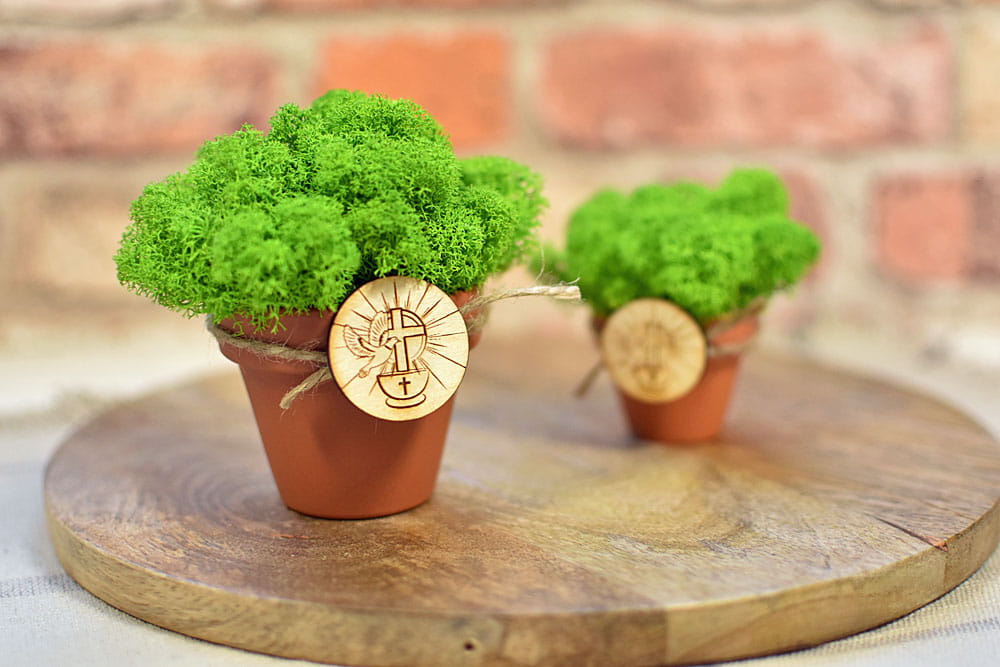 Ekologiczne podziękowania dla gości z naturalnym mchem w doniczce z napisami.