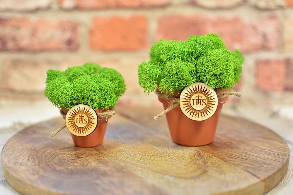 Pomysł na komunijny prezent dla gości - mini doniczki z naturalnym mchem.