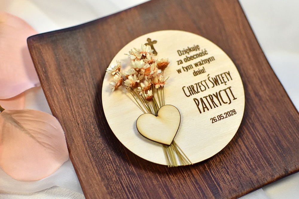 Podziękowanie dla gości z okazji Komunii lub Chrztu - magnes na lodówkę w stylu boho.