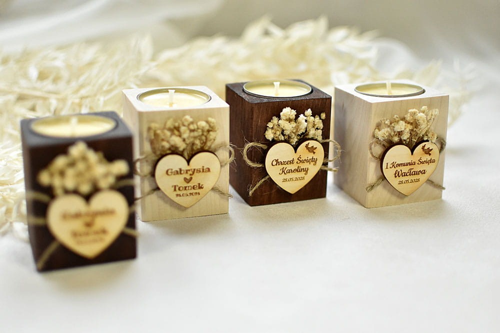 Pomysł na podziękowanie dla gości w formie świecznika na tealighty z grawerem.