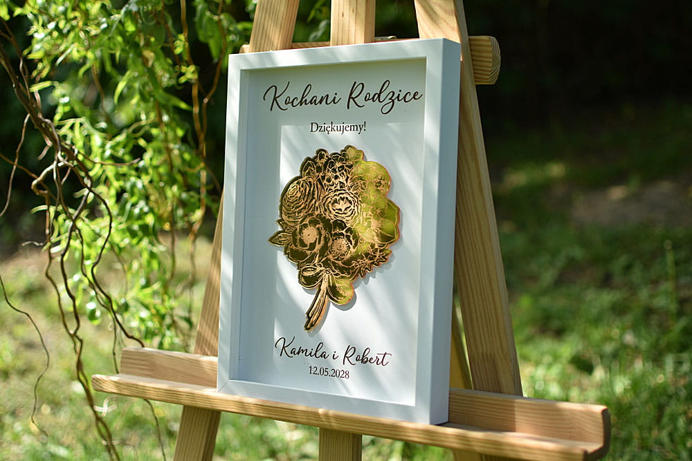 Podziękowanie weselne dla Rodziców, obraz z lustrzanym bukietem kwiatów.