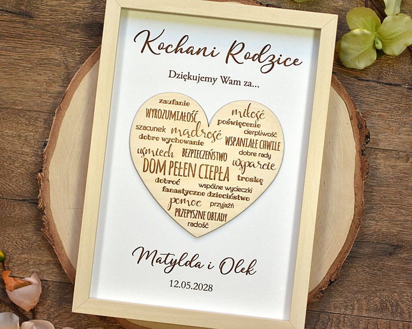 pamiątka ślubna dla Rodziców, obraz z drewnianym sercem z tekstem podziękowania
