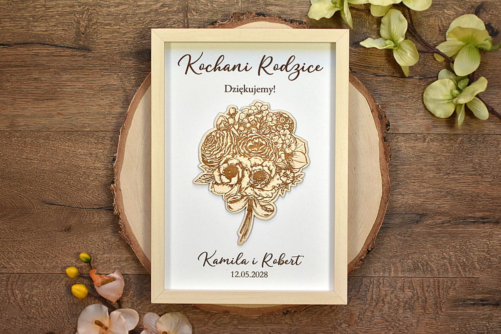 Prezent na podziękowanie dla Rodziców obraz z bukietem kwiatów i wygrawerowanym tekstem
