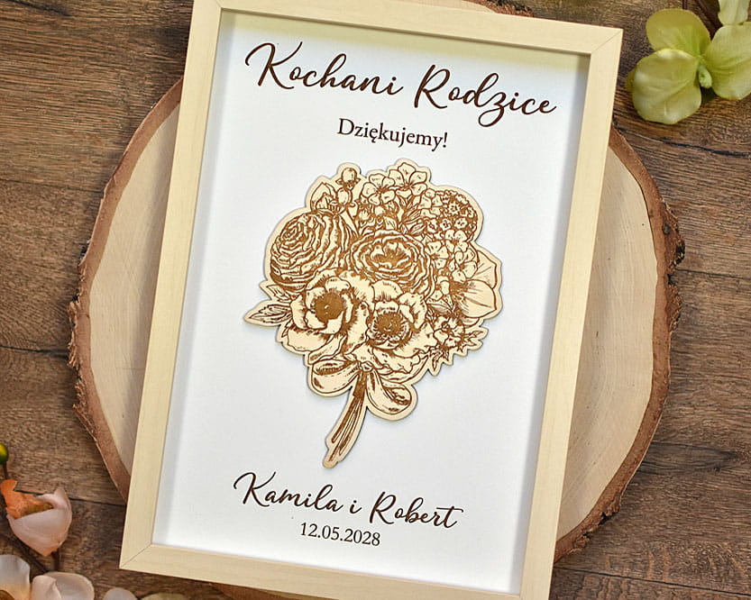 Prezent na podziękowanie dla Rodziców obraz z bukietem kwiatów i wygrawerowanym tekstem