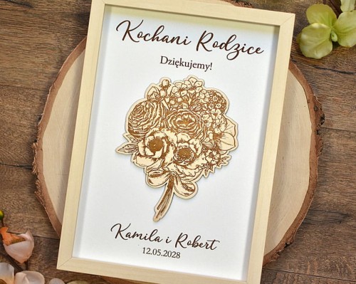 Prezent na podziękowanie dla Rodziców obraz z bukietem kwiatów i wygrawerowanym tekstem