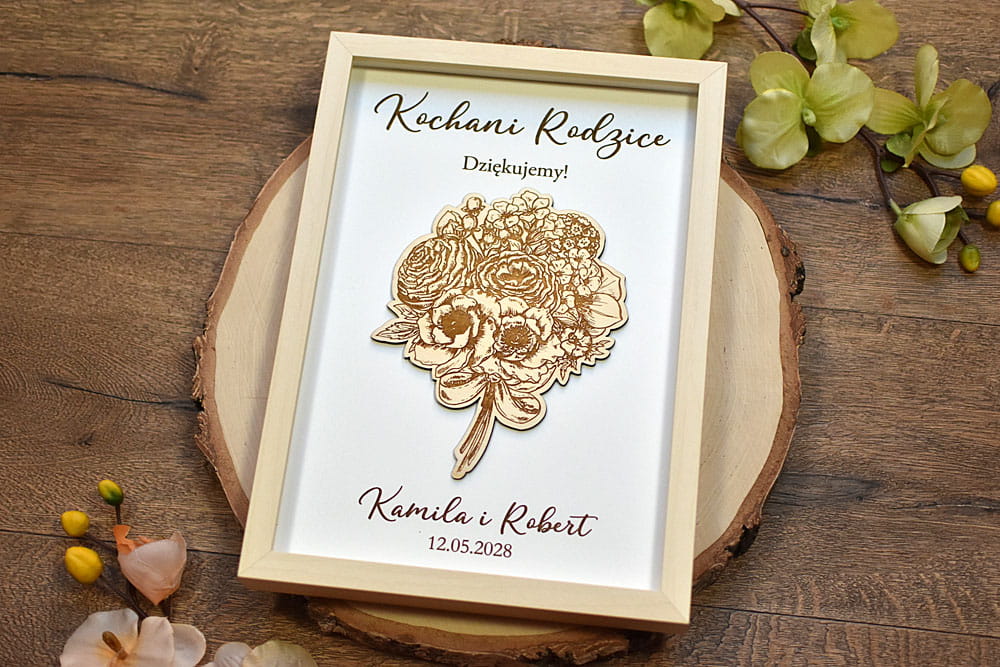 Prezent na podziękowanie dla Rodziców obraz z bukietem kwiatów i wygrawerowanym tekstem