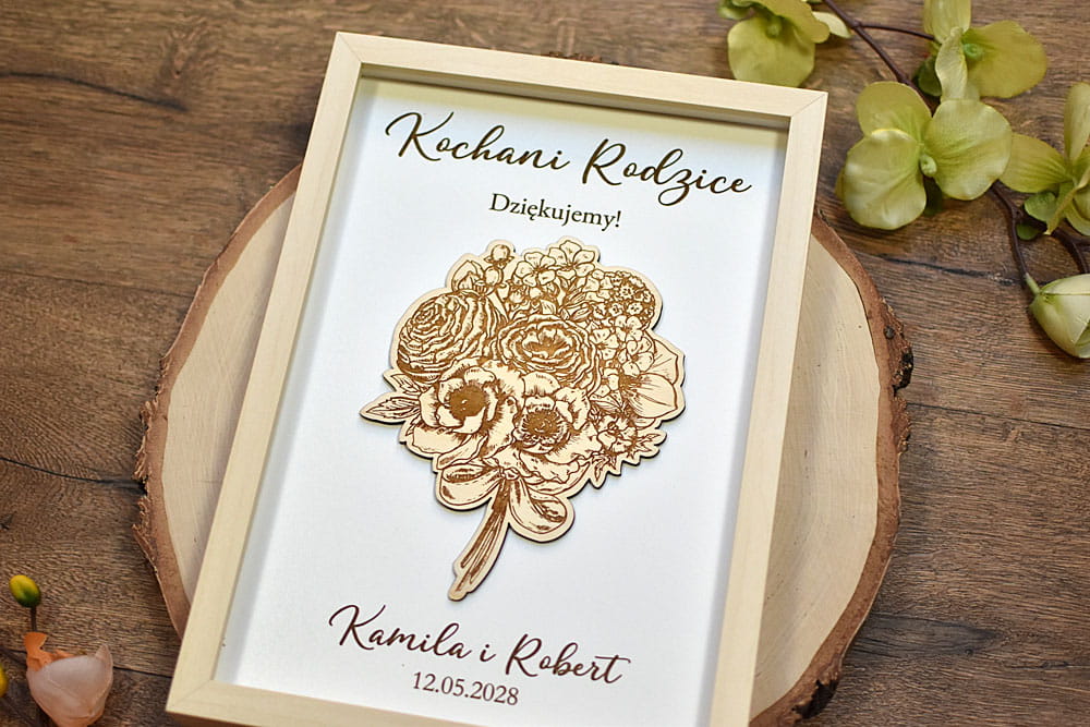 Prezent na podziękowanie dla Rodziców obraz z bukietem kwiatów i wygrawerowanym tekstem