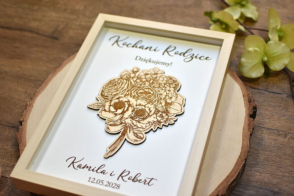 Prezent na podziękowanie dla Rodziców obraz z bukietem kwiatów i wygrawerowanym tekstem