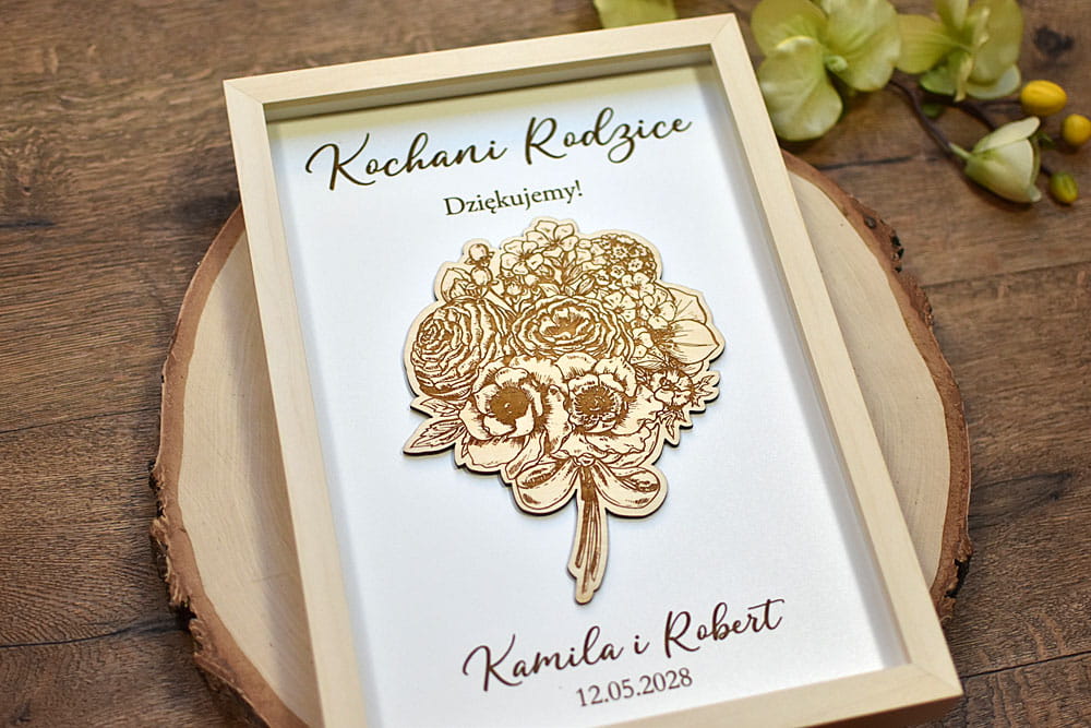 Prezent na podziękowanie dla Rodziców obraz z bukietem kwiatów i wygrawerowanym tekstem