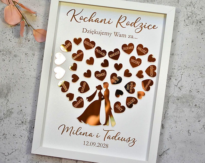 Podziękowanie ślubne dla Rodziców obraz ze złotymi serduszkami i Młodą Parą