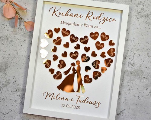Podziękowanie ślubne dla Rodziców obraz ze złotymi serduszkami i Młodą Parą