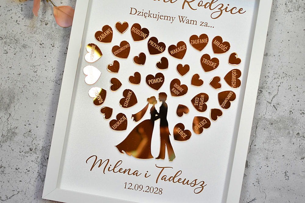 Podziękowanie ślubne dla Rodziców obraz ze złotymi serduszkami i Młodą Parą