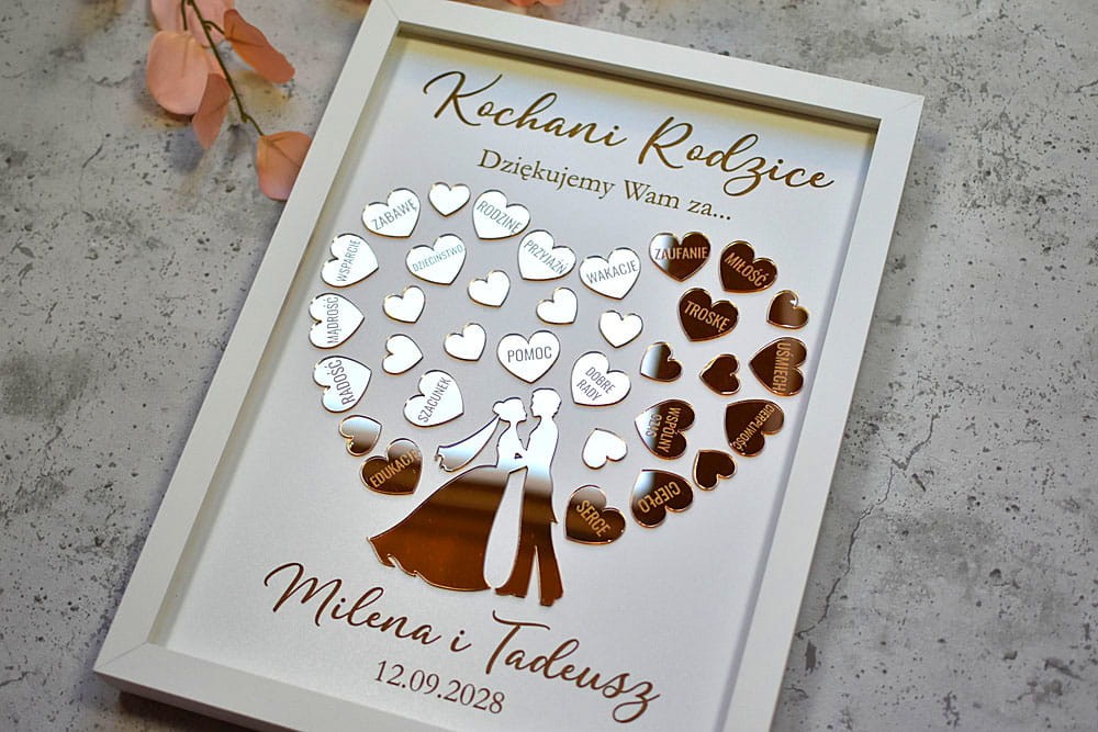 Podziękowanie ślubne dla Rodziców obraz ze złotymi serduszkami i Młodą Parą