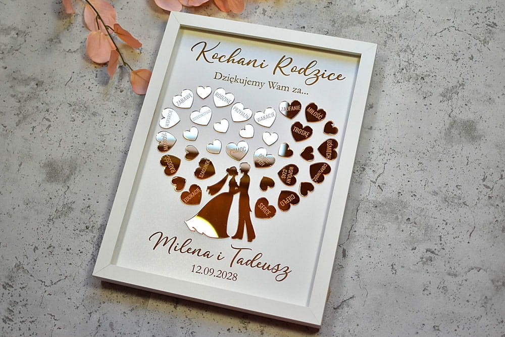 Podziękowanie ślubne dla Rodziców obraz ze złotymi serduszkami i Młodą Parą