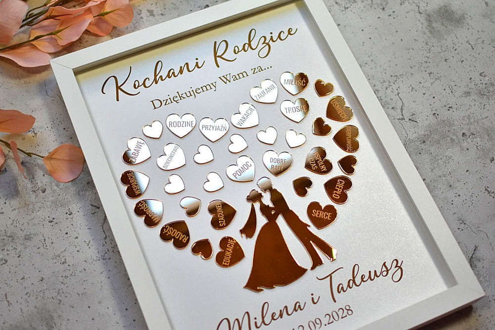 Podziękowanie ślubne dla Rodziców obraz ze złotymi serduszkami i Młodą Parą