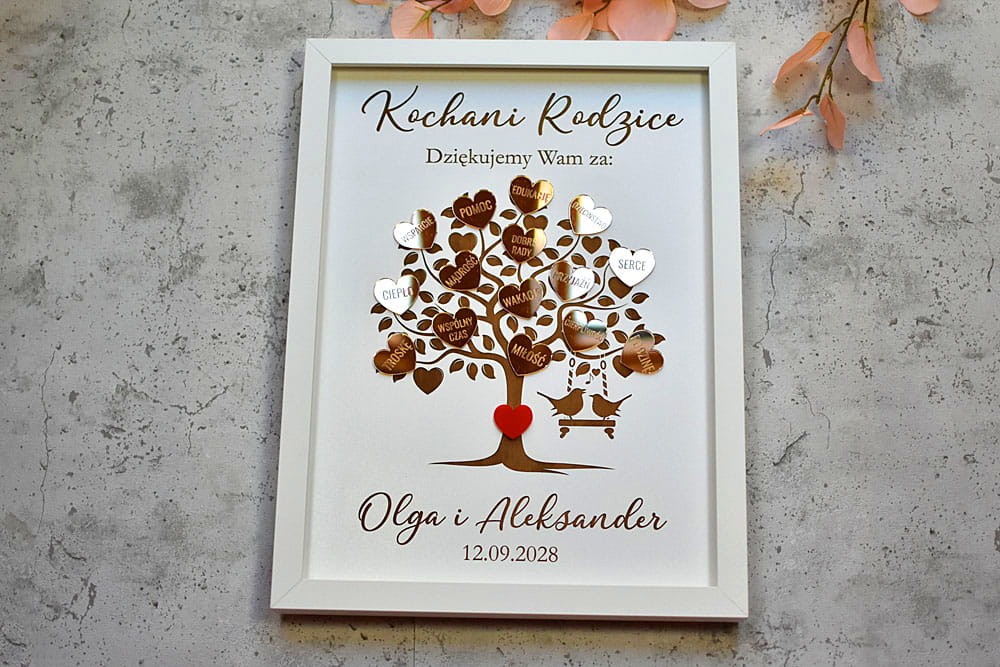 Podziękowania ślubne glamour dla rodziców, drzewko ze złotymi sercami