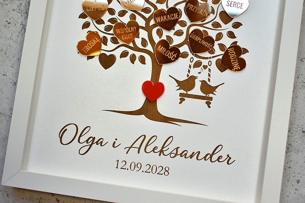 Podziękowania ślubne glamour dla rodziców, drzewko ze złotymi sercami