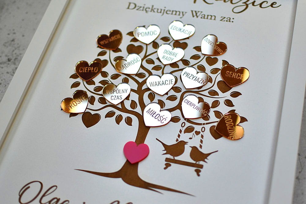 Podziękowania ślubne glamour dla rodziców, drzewko ze złotymi sercami