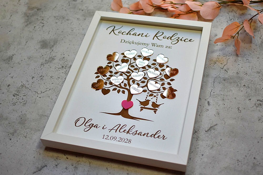 Podziękowania ślubne glamour dla rodziców, drzewko ze złotymi sercami