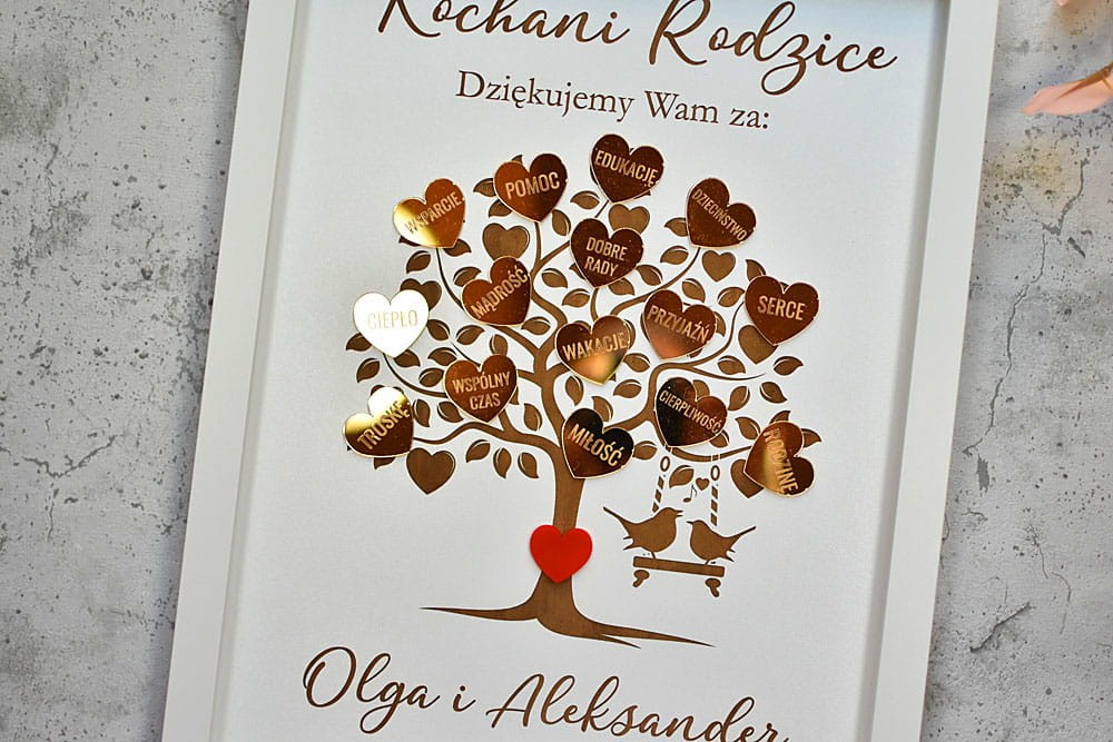 Podziękowania ślubne glamour dla rodziców, drzewko ze złotymi sercami