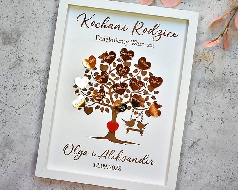Podziękowania ślubne glamour dla rodziców, drzewko ze złotymi sercami
