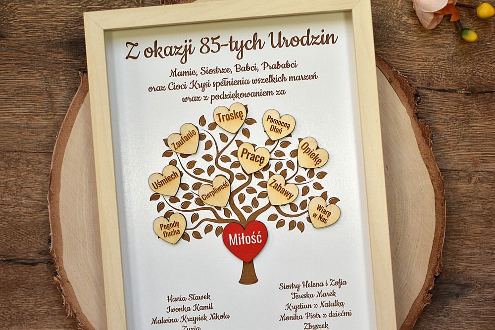 pomysł na upominek dla Babci Dziadka na 70, 80, 85, 90 lat, obraz drzewko z sercami