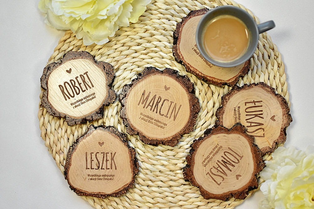 podkładki pod kubki na Dzień Chłopaka, plaster brzozy z grubą korą