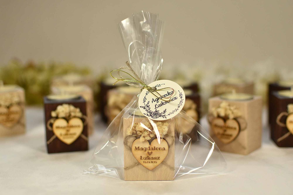 2w1! upominek dla gości weselnych + winietka na stół + świecznik z suszoną gipsówką