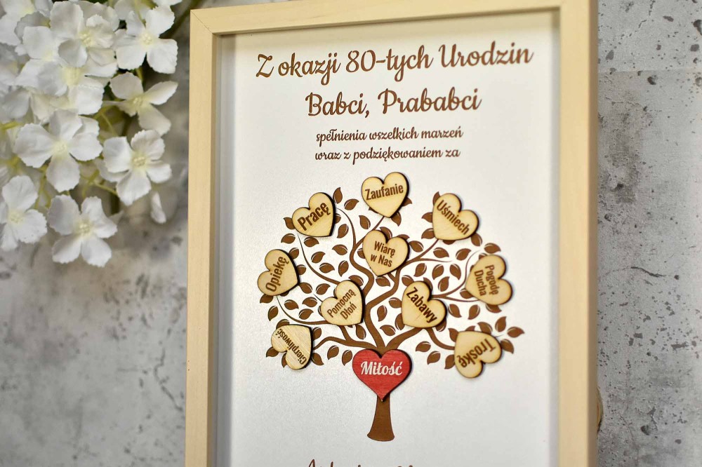 prezent na 70, 80, 85, 90 urodziny Babci, Dziadka, ramka serca z podziękowaniami od dzieci wnuków